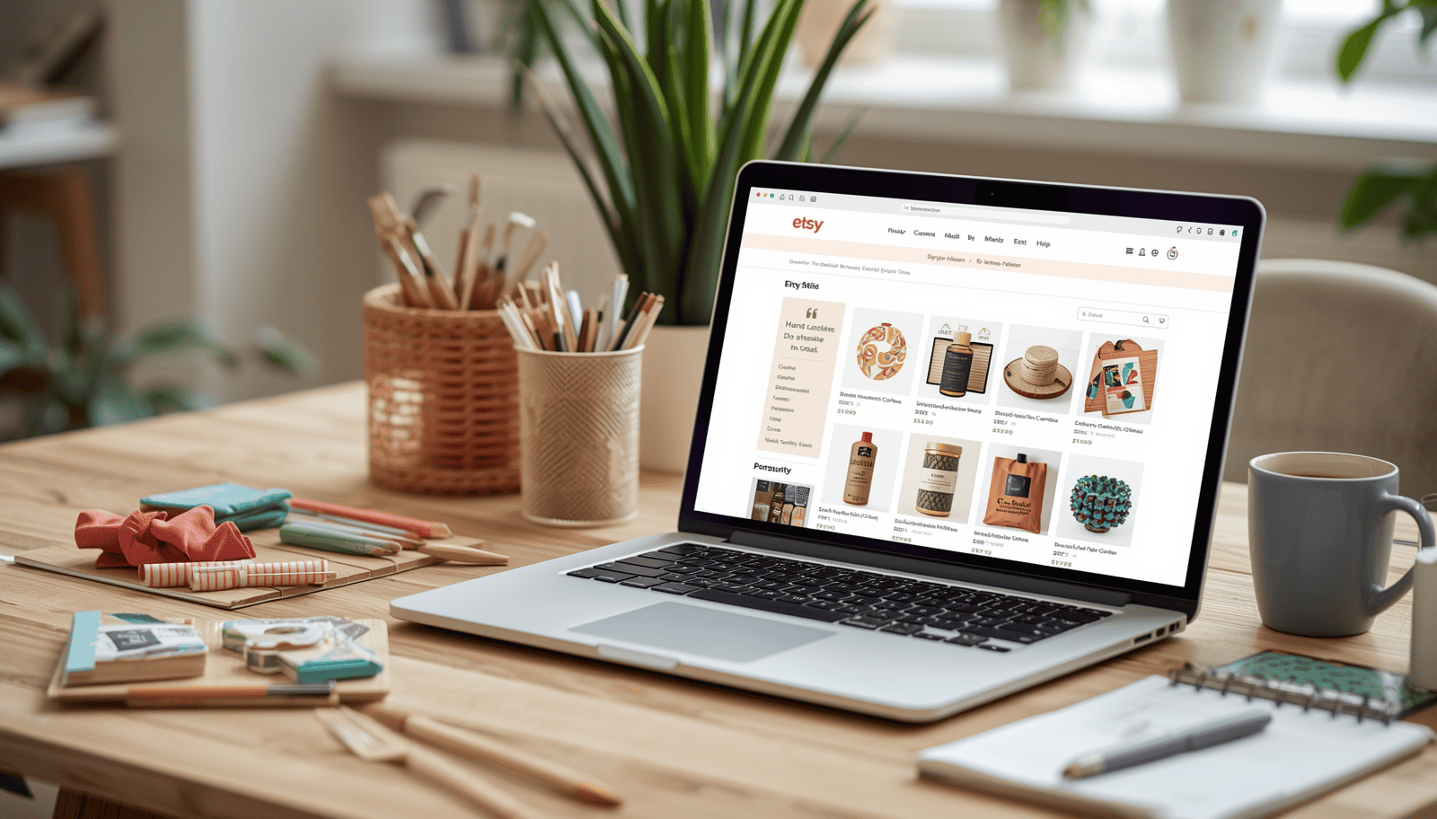 Laptop displaying Etsy shop with handmade products on a wooden desk.
