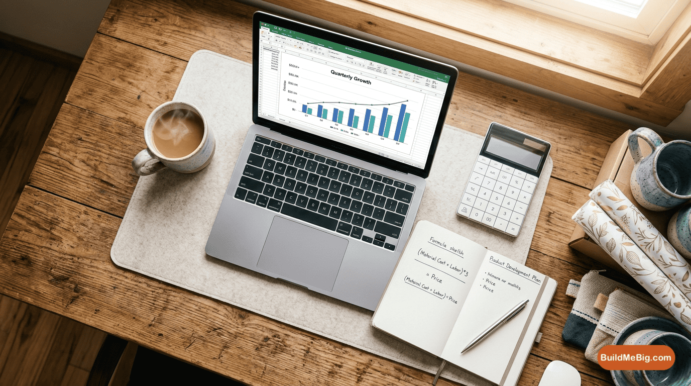 Top-down view of a modern home office desk featuring an open laptop with a business spreadsheet chart, a calculator, a notebook with formulas, and handmade crafts, illustrating How to Price Etsy Products for beginners.