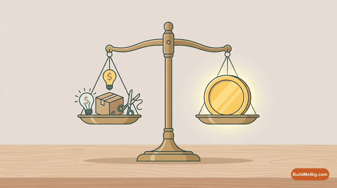 Minimalist vector illustration of a balanced brass weighing scale balancing business costs with profit coins, conceptualizing how to price Etsy Products without losing money.