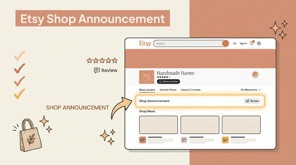 Diagram showing where the Etsy shop announcement area is located on a storefront profile.