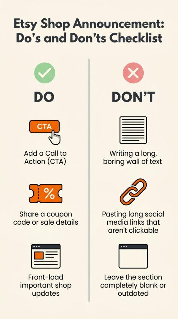 Split-screen checklist showing dos and don'ts for writing Etsy Shop Announcement Examples.