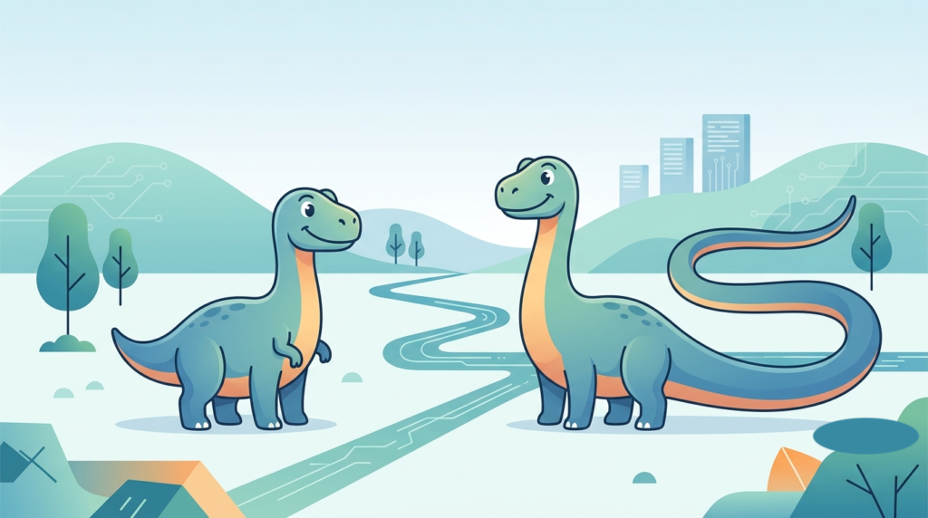A professional 16:9 vector illustration of two cartoon dinosaurs visually representing short-tail vs. long-tail keywords for Etsy SEO. The dinosaur on the left has a short, stubby tail, symbolizing broad short-tail keywords. The dinosaur on the right features a very long, winding tail, symbolizing targeted, high-converting long-tail keywords.